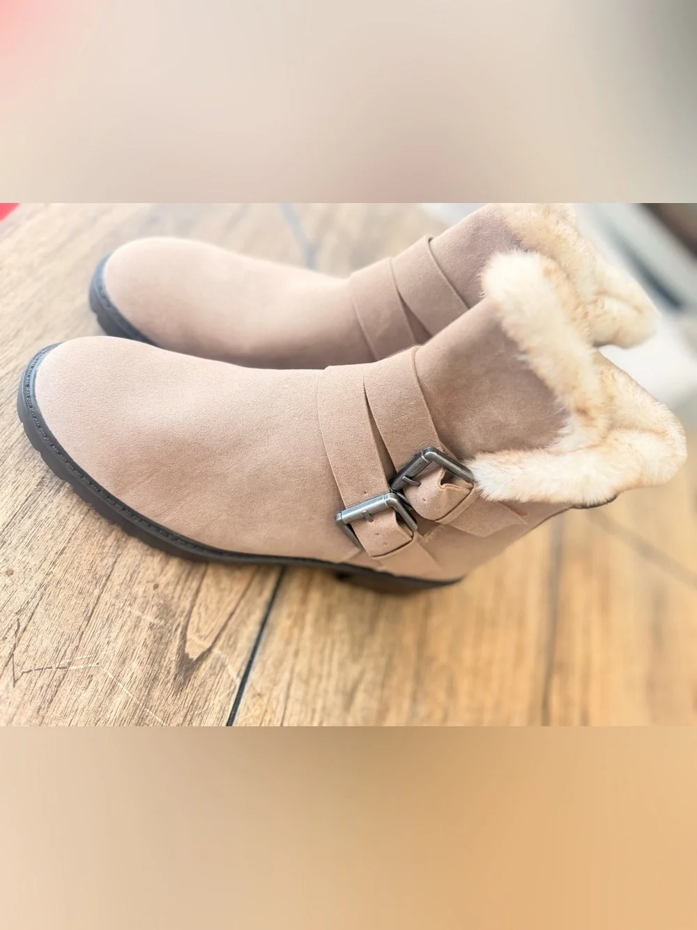Universal Thread tan faux-suede double-buckle moto ankle boots feature a plush